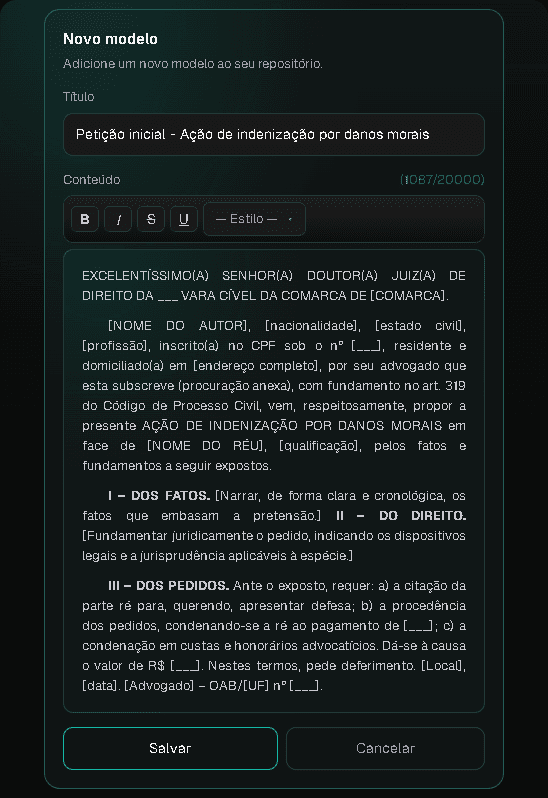 Formulário Novo modelo no iudex Painel