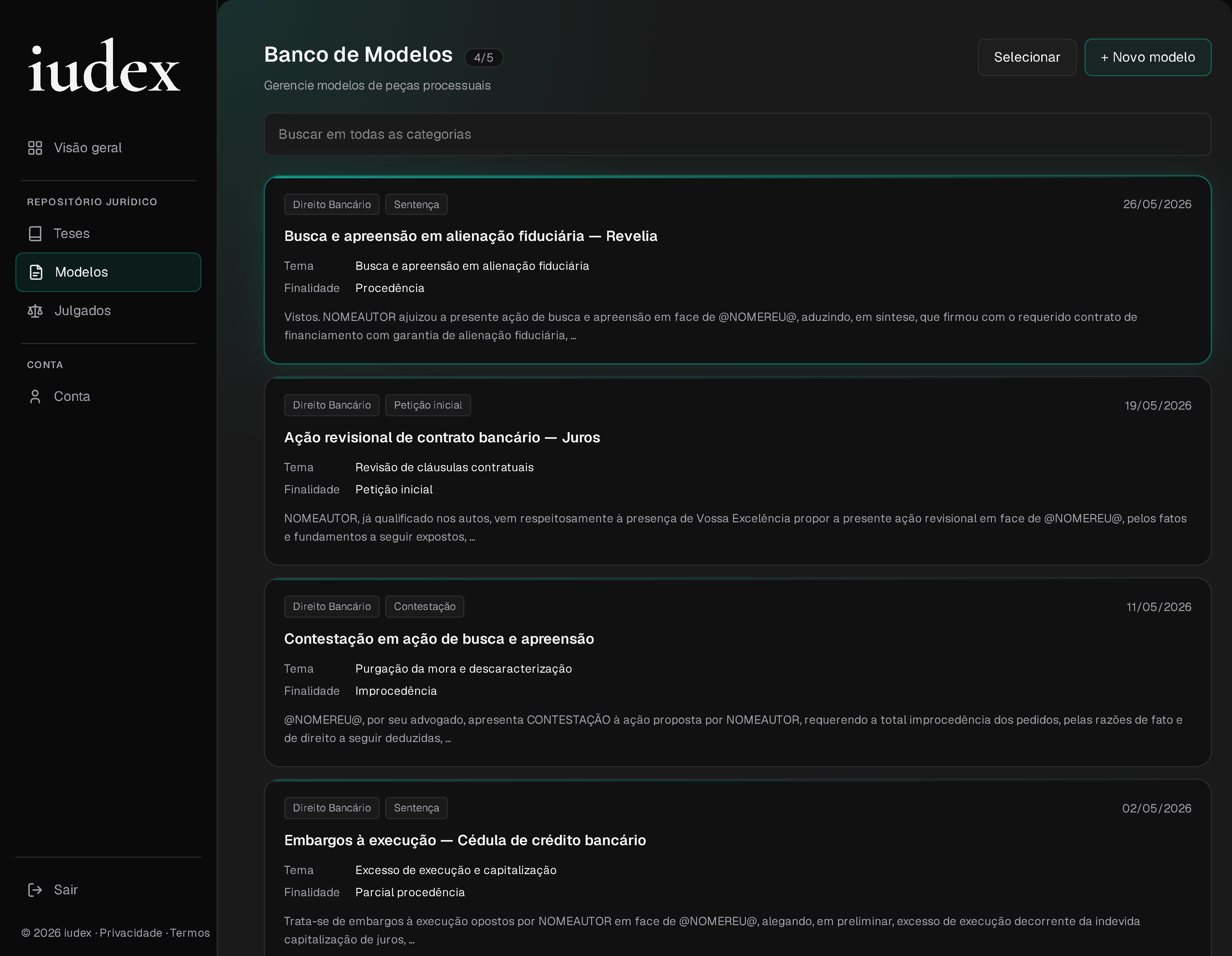 Banco de Modelos no site iudex